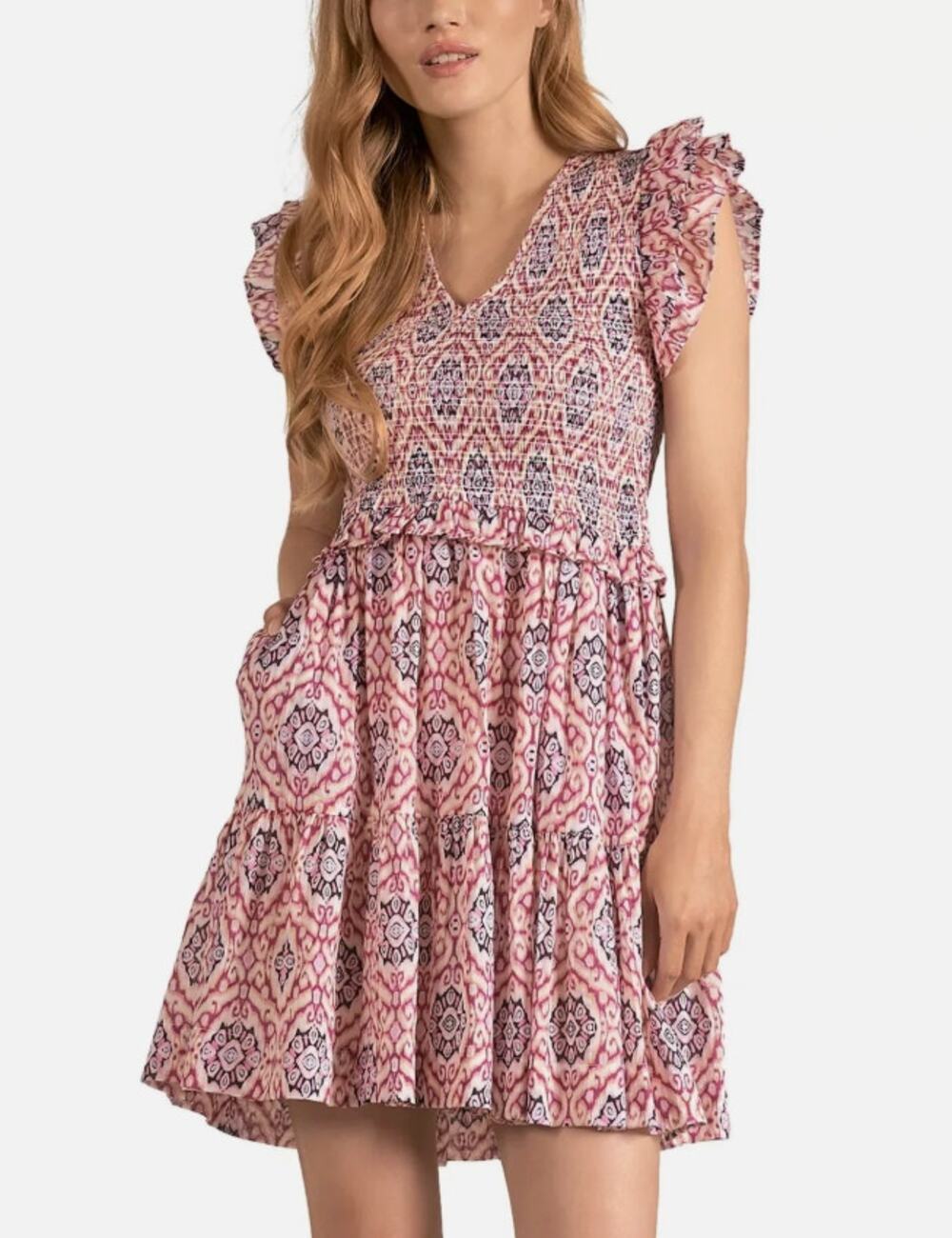 NWT ELAN LAVENDER PURPLE IKAT RUFFLE SLEEVE SMOCKED MINI DRESS XLARGE COTTON